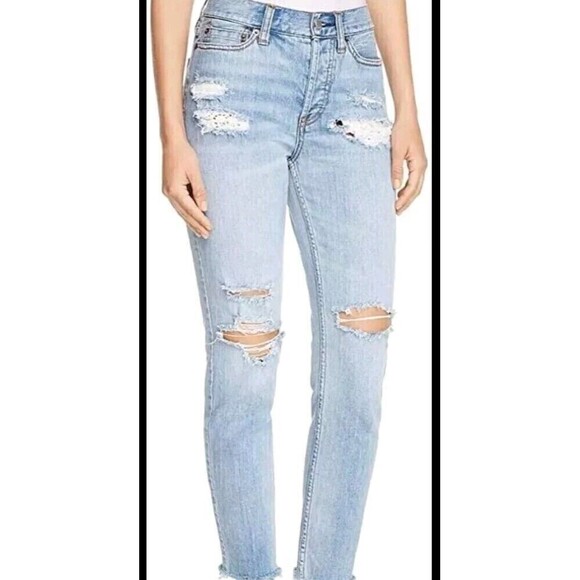 Free People Distressed Jeans Size 27 Crochet Lace Relaxed Ella Blue  Raw Hem - Picture 3 of 14